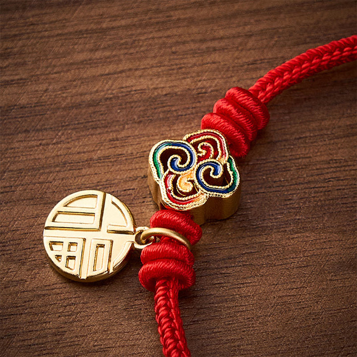Buddha Stones Pulsera de la prosperidad tejida a mano con hilo rojo cobrizo y carácter Fu de nudo chino - image 4