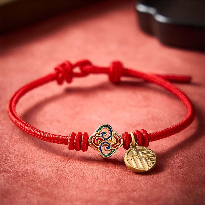 Buddha Stones Pulsera de la prosperidad tejida a mano con hilo rojo cobrizo y carácter Fu de nudo chino - image 1