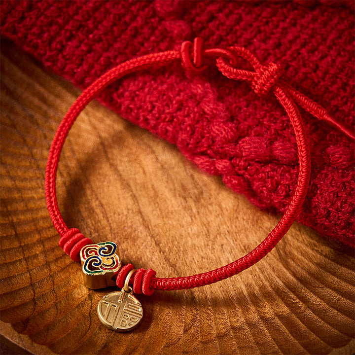 Buddha Stones Pulsera de la prosperidad tejida a mano con hilo rojo cobrizo y carácter Fu de nudo chino - image 3