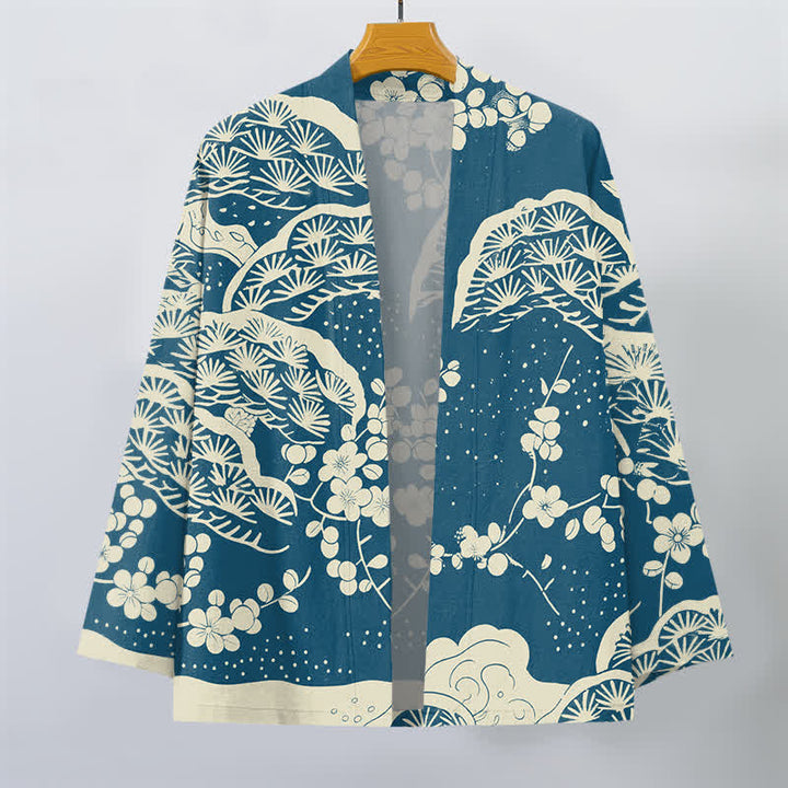 Buddha Stones Kimono de hombre con estampado de flores de ciruelo y pino de algodón, con frente abierto. - image 1