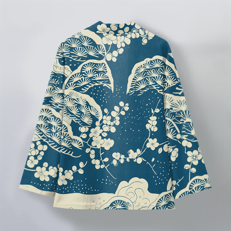 Buddha Stones Kimono de hombre con estampado de flores de ciruelo y pino de algodón, con frente abierto. - image 2
