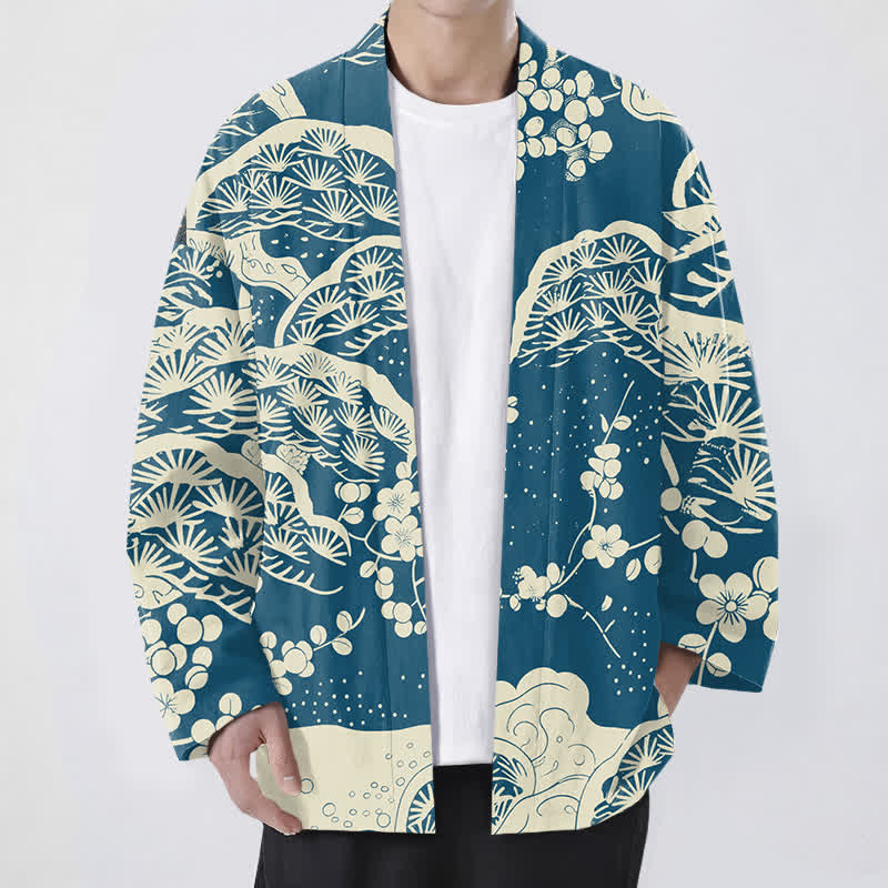 Buddha Stones Kimono de hombre con estampado de flores de ciruelo y pino de algodón, con frente abierto. - Verde azulado - US/UK/AU48, UE58 (4XL) - image 0