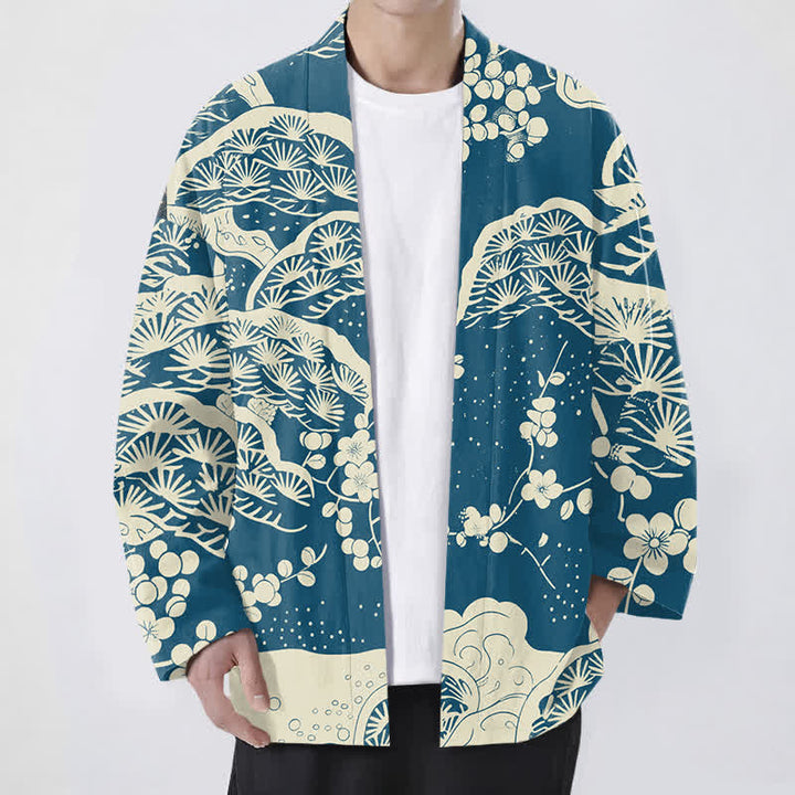Buddha Stones Kimono de hombre con estampado de flores de ciruelo y pino de algodón, con frente abierto. - Verde azulado - US/UK/AU48, UE58 (4XL) - image 0