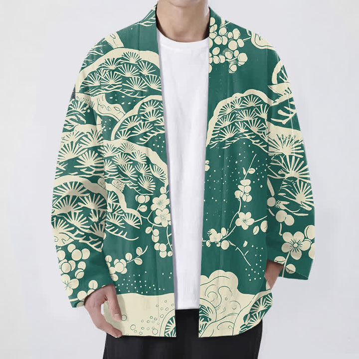 Buddha Stones Kimono de hombre con estampado de flores de ciruelo y pino de algodón, con frente abierto. - Verdemar - US/UK/AU48, UE58 (4XL) - image 6