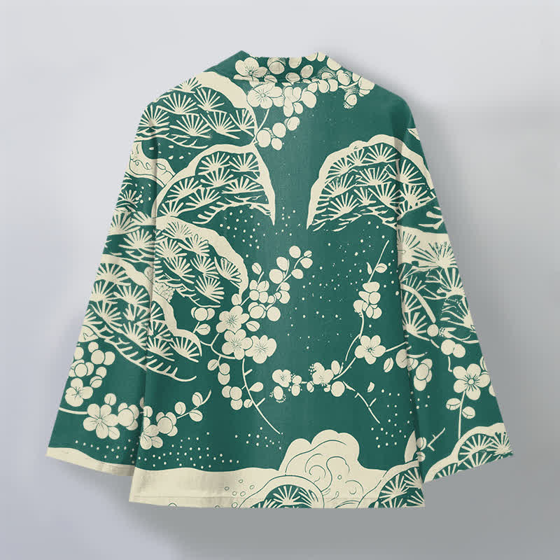 Buddha Stones Kimono de hombre con estampado de flores de ciruelo y pino de algodón, con frente abierto. - image 8