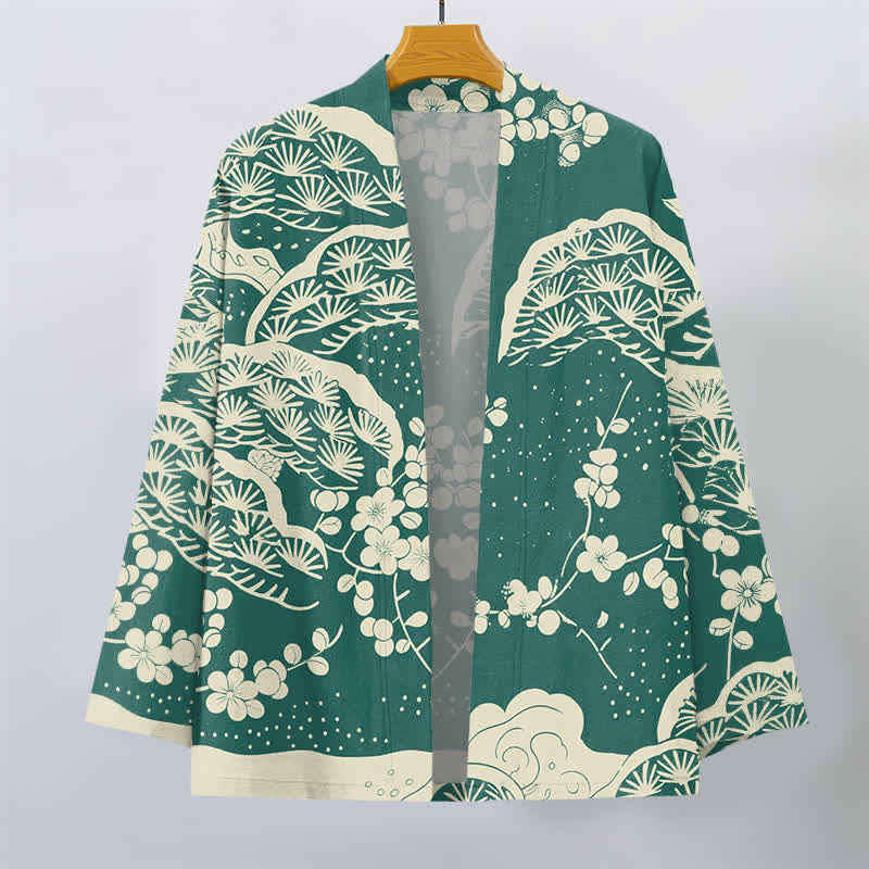 Buddha Stones Kimono de hombre con estampado de flores de ciruelo y pino de algodón, con frente abierto. - image 7