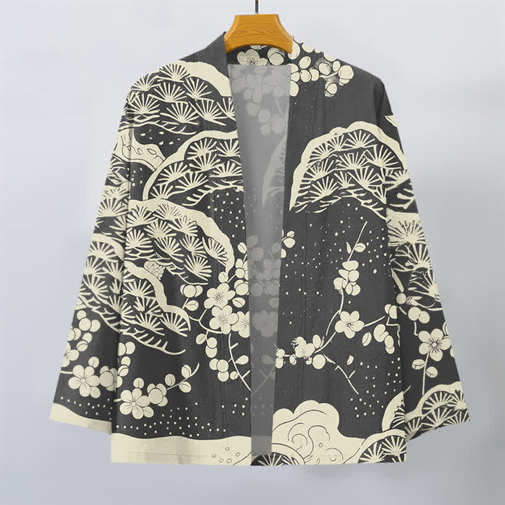 Buddha Stones Kimono de hombre con estampado de flores de ciruelo y pino de algodón, con frente abierto. - image 10