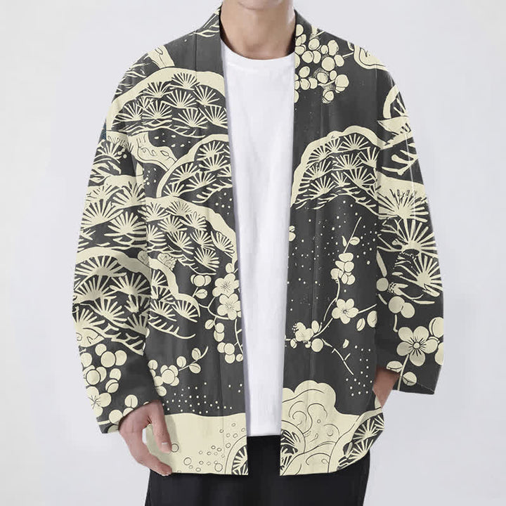 Buddha Stones Kimono de hombre con estampado de flores de ciruelo y pino de algodón, con frente abierto. - Gris pizarra - US/UK/AU48, UE58 (4XL) - image 9