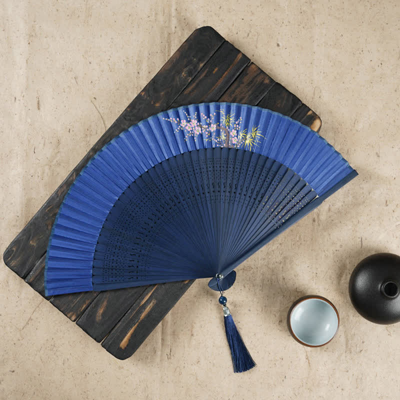 Abanico plegable de bambú de mano grabado con flor de cerezo Simple con Buddha Stones - Azul oscuro 22 cm - image 10