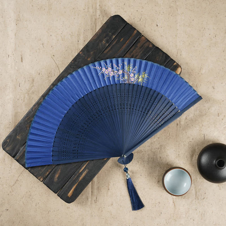 Abanico plegable de bambú de mano grabado con flor de cerezo Simple con Buddha Stones - Azul oscuro 22 cm - image 10