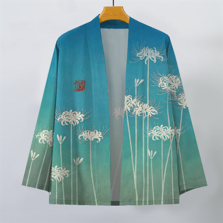 Buddha Stones Kimono de hombre de algodón blanco con estampado de lirios araña y frente abierto - image 1