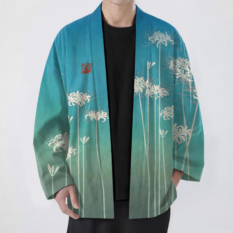 Buddha Stones Kimono de hombre de algodón blanco con estampado de lirios araña y frente abierto - Turquesa medio - US/UK/AU48, UE58 (4XL) - image 0