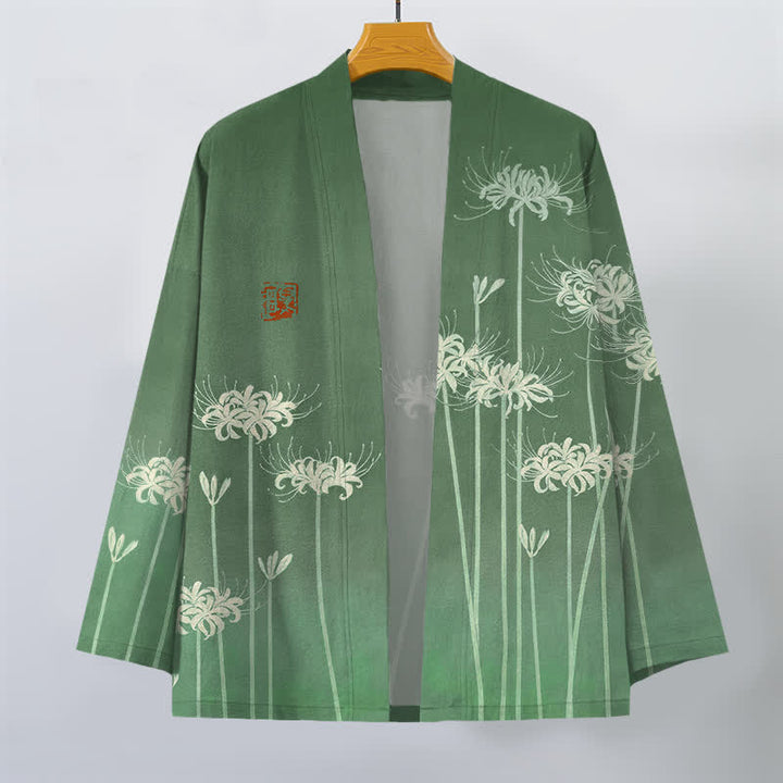 Buddha Stones Kimono de hombre de algodón blanco con estampado de lirios araña y frente abierto - image 7