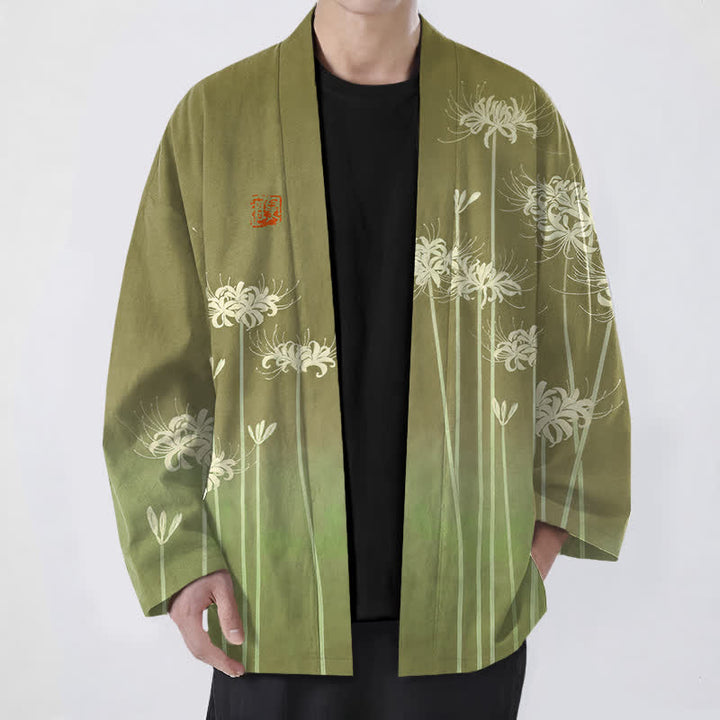 Buddha Stones Kimono de hombre de algodón blanco con estampado de lirios araña y frente abierto - Aceituna - US/UK/AU48, UE58 (4XL) - image 9