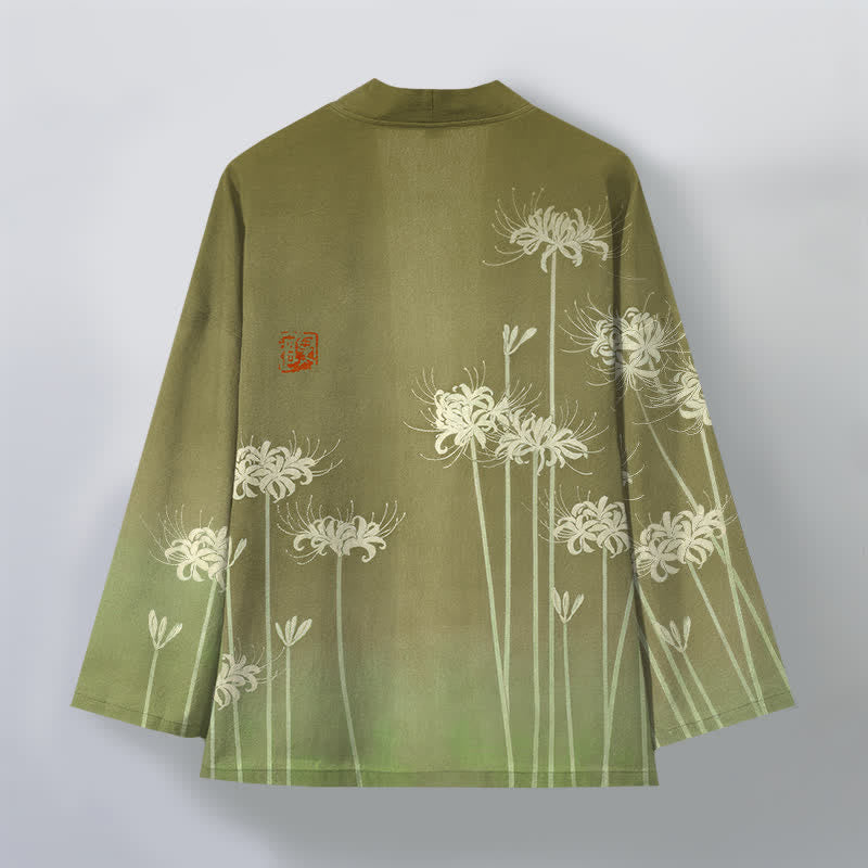 Buddha Stones Kimono de hombre de algodón blanco con estampado de lirios araña y frente abierto - image 11