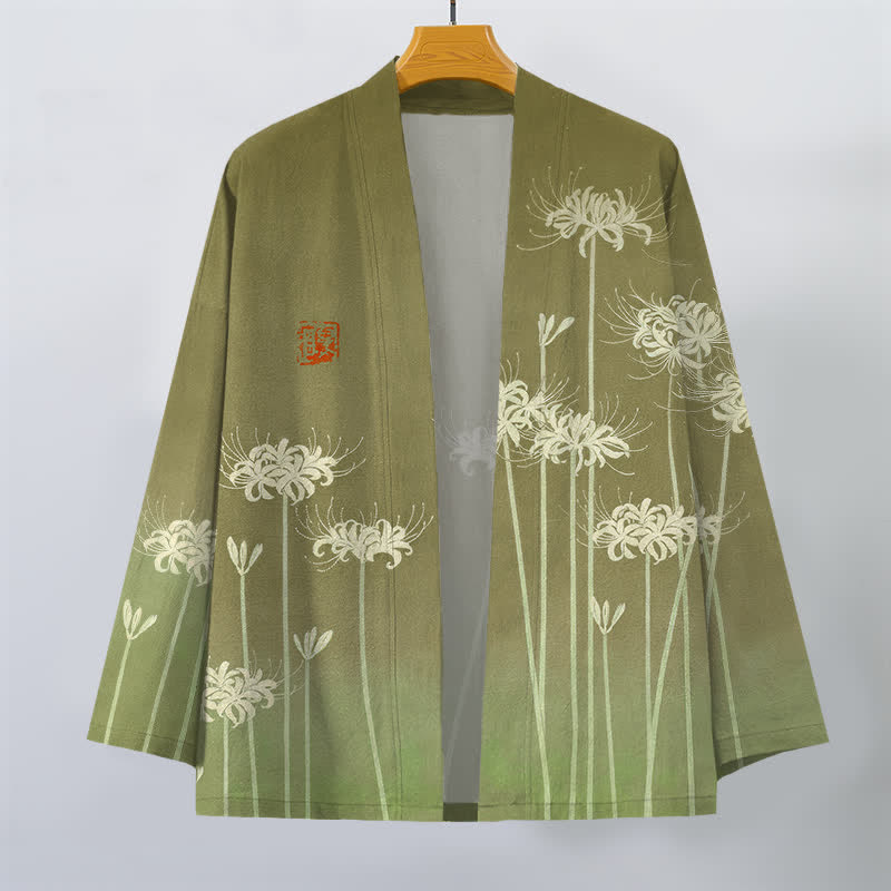 Buddha Stones Kimono de hombre de algodón blanco con estampado de lirios araña y frente abierto - image 10