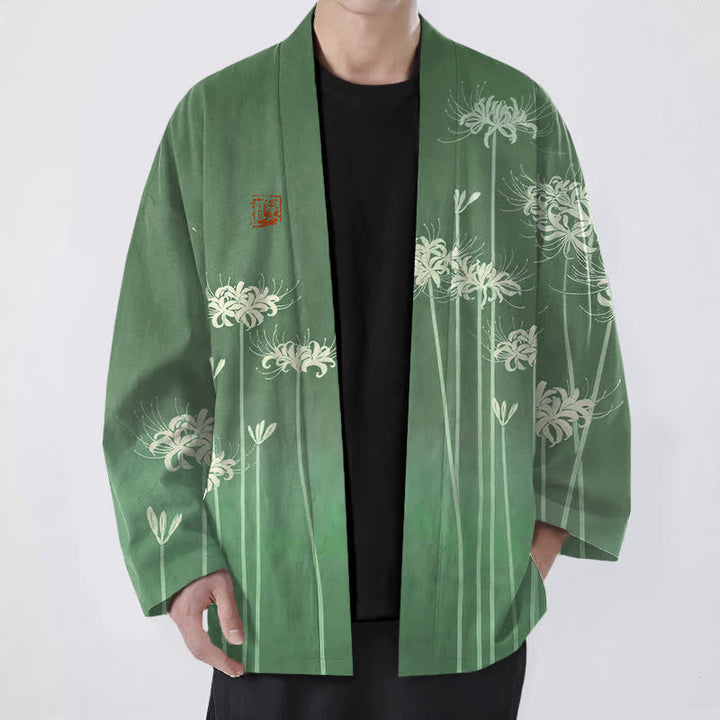 Buddha Stones Kimono de hombre de algodón blanco con estampado de lirios araña y frente abierto - Verde bosque - US/UK/AU48, UE58 (4XL) - image 6