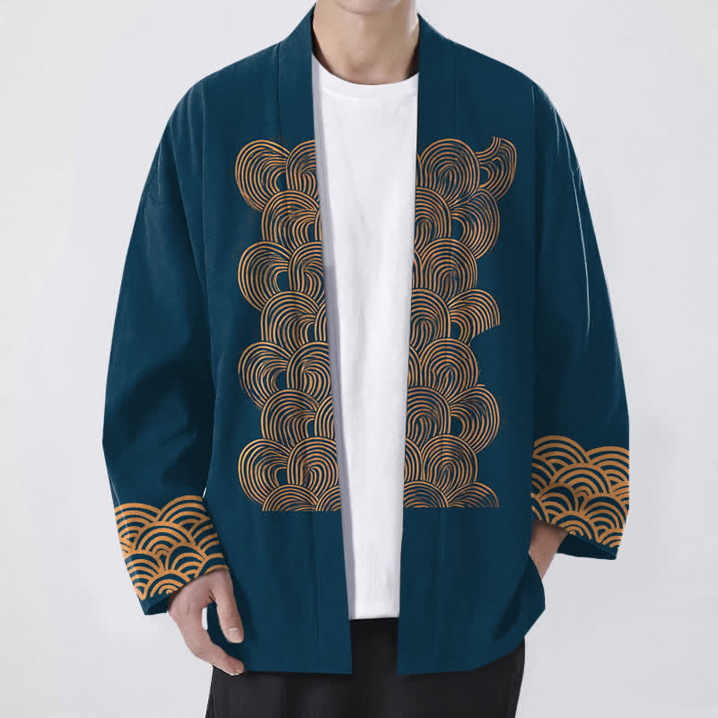 Buddha Stones Kimono de hombre de algodón con estampado de media luna y frente abierto - Verde azulado - US/UK/AU48, UE58 (4XL) - image 6