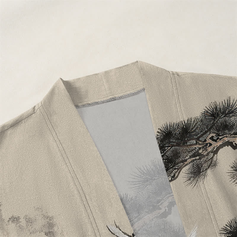 Buddha Stones Kimono de hombre con frente abierto y estampado de grullas de algodón y pino. - image 3