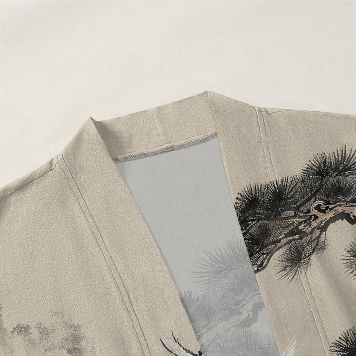 Buddha Stones Kimono de hombre con frente abierto y estampado de grullas de algodón y pino. - image 3