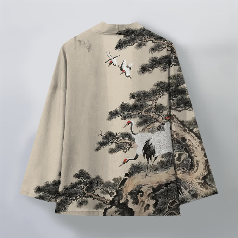 Buddha Stones Kimono de hombre con frente abierto y estampado de grullas de algodón y pino. - image 2