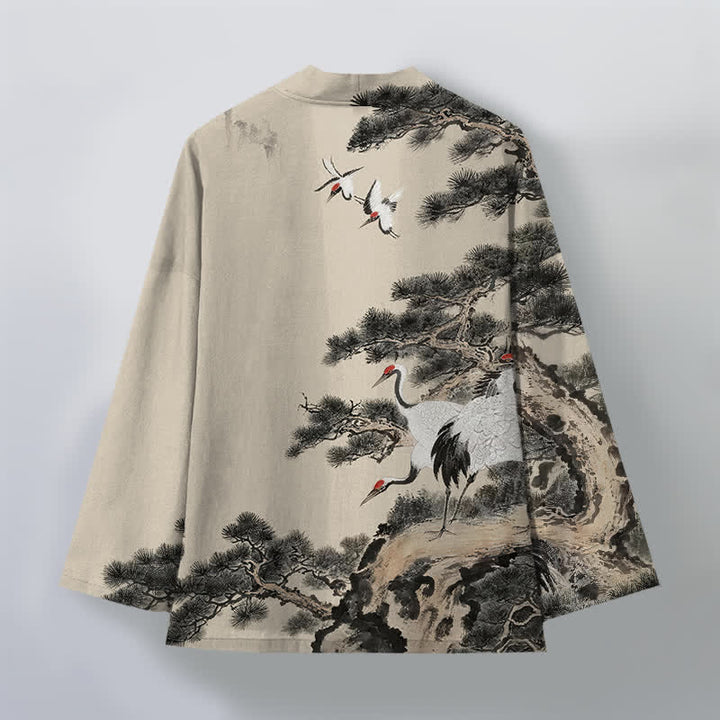 Buddha Stones Kimono de hombre con frente abierto y estampado de grullas de algodón y pino. - image 2