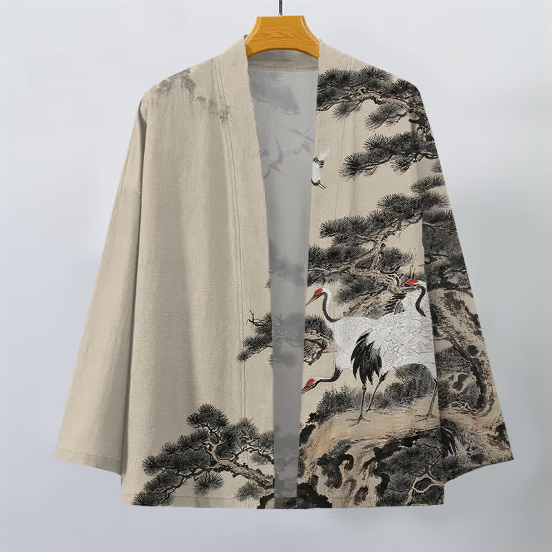 Buddha Stones Kimono de hombre con frente abierto y estampado de grullas de algodón y pino. - image 1