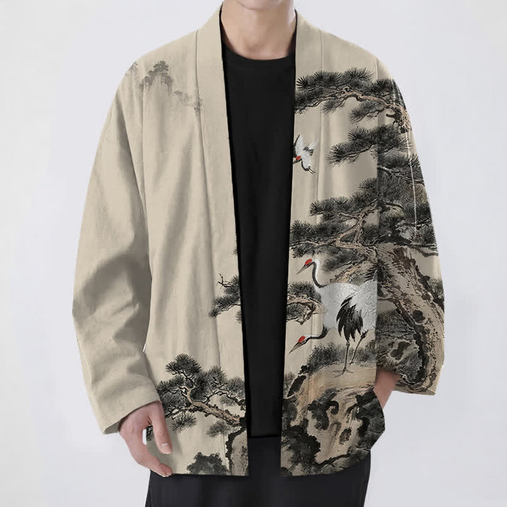 Buddha Stones Kimono de hombre con frente abierto y estampado de grullas de algodón y pino. - Beige - US/UK/AU48, UE58 (4XL) - image 0