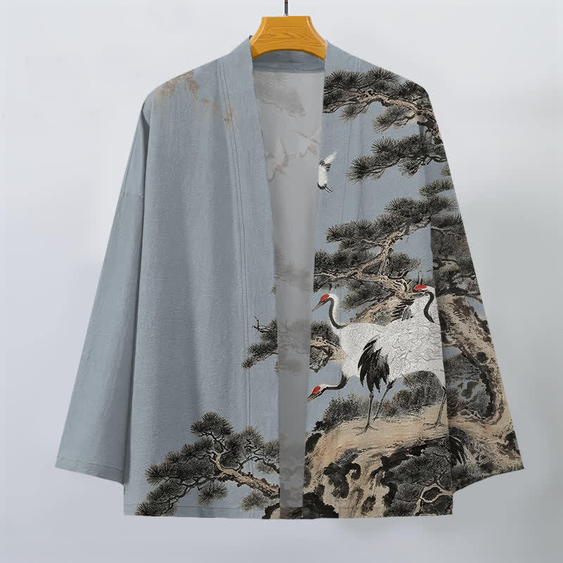 Buddha Stones Kimono de hombre con frente abierto y estampado de grullas de algodón y pino. - image 7