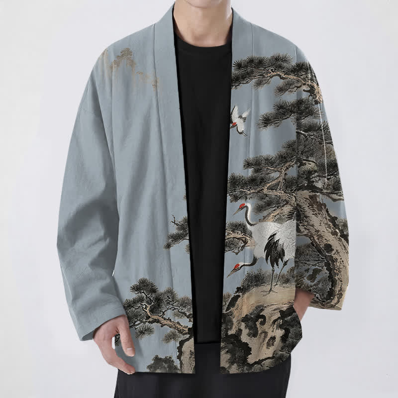 Buddha Stones Kimono de hombre con frente abierto y estampado de grullas de algodón y pino. - Azul acero claro - US/UK/AU48, UE58 (4XL) - image 6