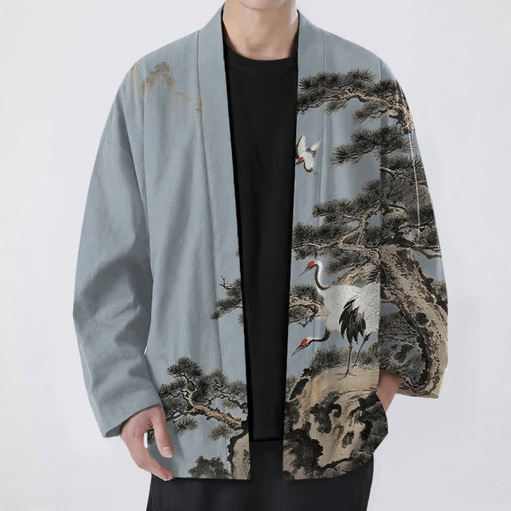Buddha Stones Kimono de hombre con frente abierto y estampado de grullas de algodón y pino. - Azul acero claro - US/UK/AU48, UE58 (4XL) - image 6