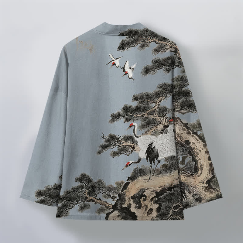 Buddha Stones Kimono de hombre con frente abierto y estampado de grullas de algodón y pino. - image 8
