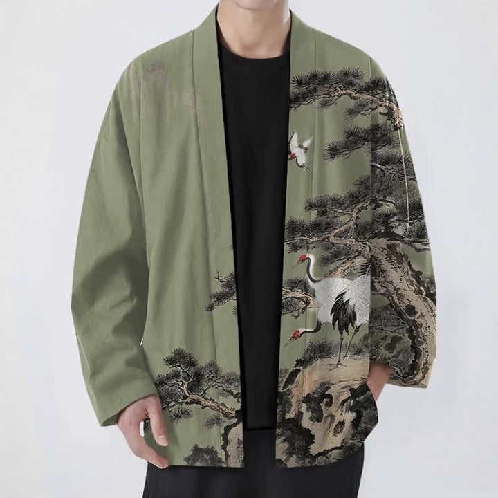Buddha Stones Kimono de hombre con frente abierto y estampado de grullas de algodón y pino. - Verde oliva - US/UK/AU48, UE58 (4XL) - image 9