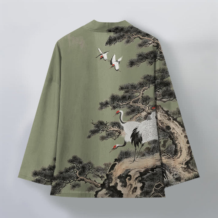 Buddha Stones Kimono de hombre con frente abierto y estampado de grullas de algodón y pino. - image 11