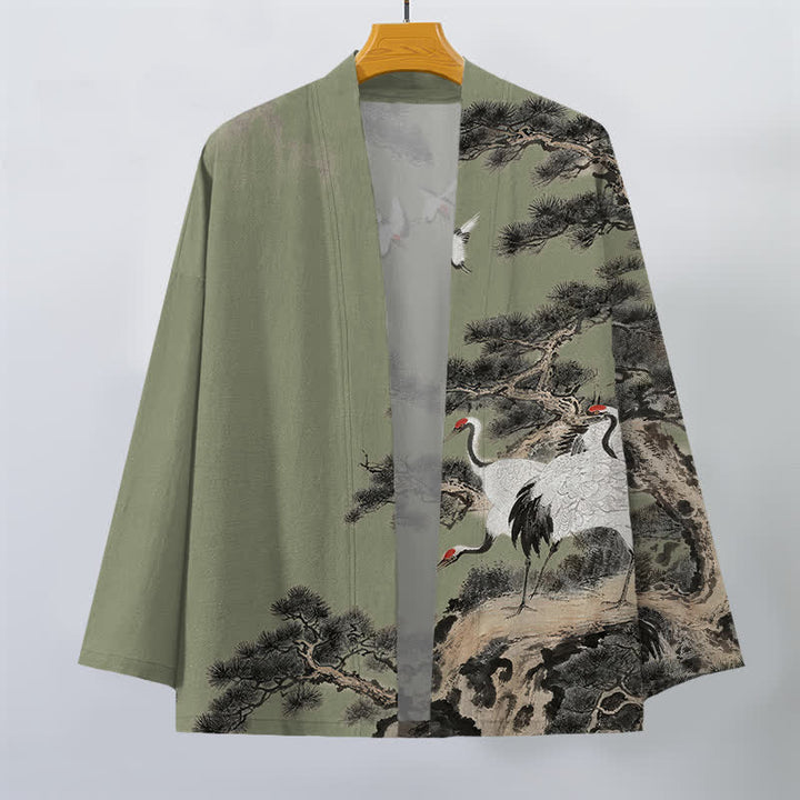 Buddha Stones Kimono de hombre con frente abierto y estampado de grullas de algodón y pino. - image 10