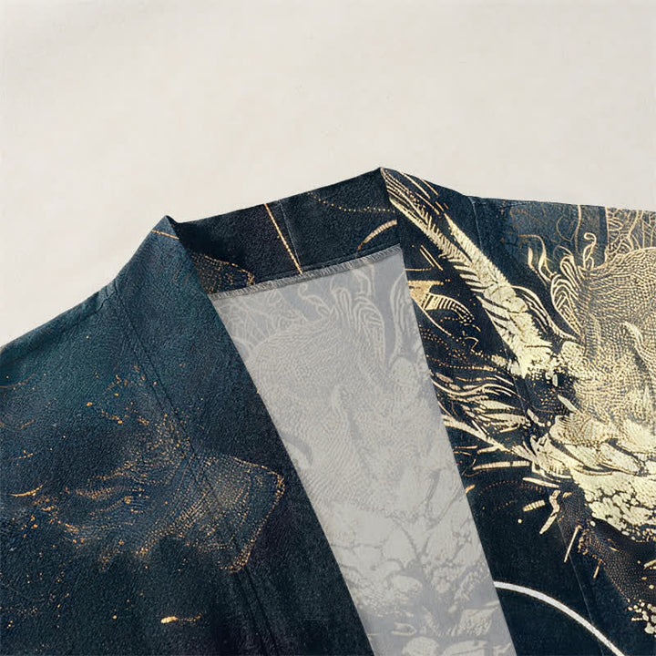 Buddha Stones Kimono de algodón con estampado de dragón dorado, nubes y olas, con frente abierto para hombre. - image 3