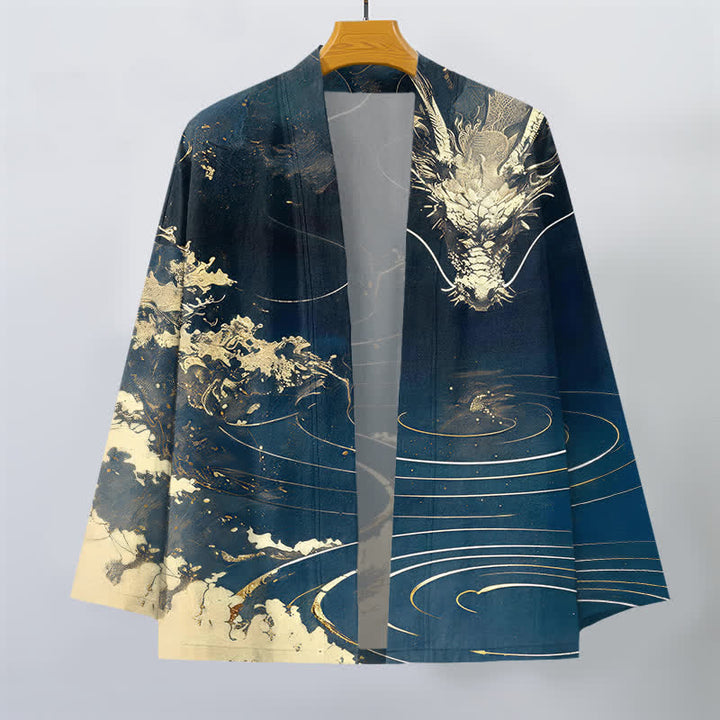 Buddha Stones Kimono de algodón con estampado de dragón dorado, nubes y olas, con frente abierto para hombre. - image 1