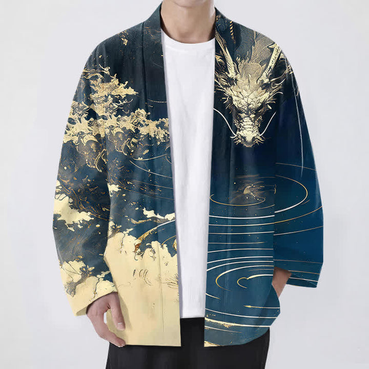 Buddha Stones Kimono de algodón con estampado de dragón dorado, nubes y olas, con frente abierto para hombre. - Marina de guerra - US/UK/AU48, UE58 (4XL) - image 0