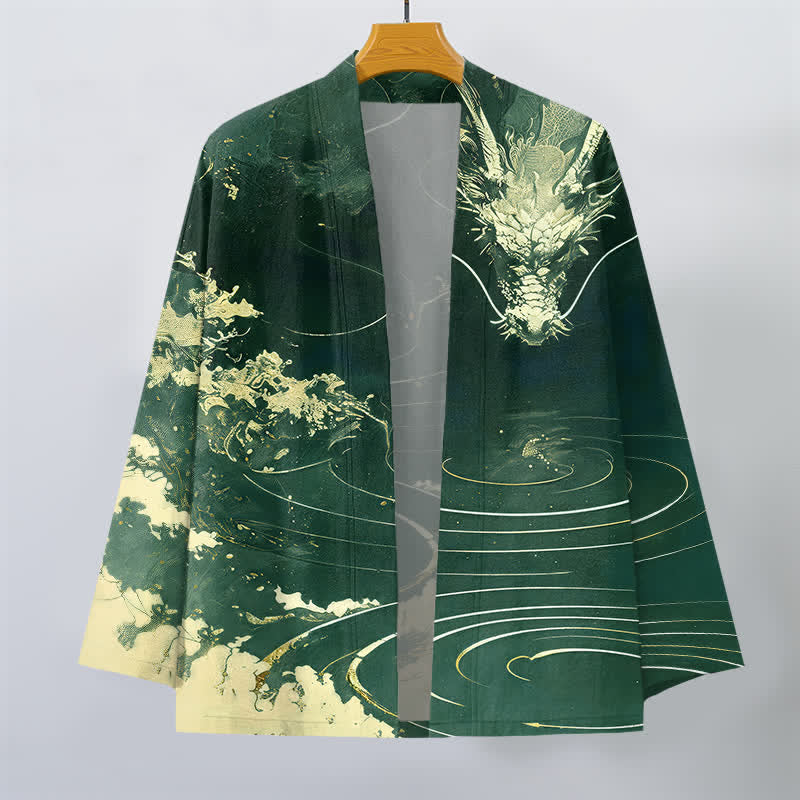 Buddha Stones Kimono de algodón con estampado de dragón dorado, nubes y olas, con frente abierto para hombre. - image 7
