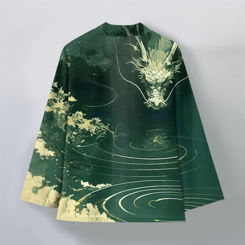 Buddha Stones Kimono de algodón con estampado de dragón dorado, nubes y olas, con frente abierto para hombre. - image 8