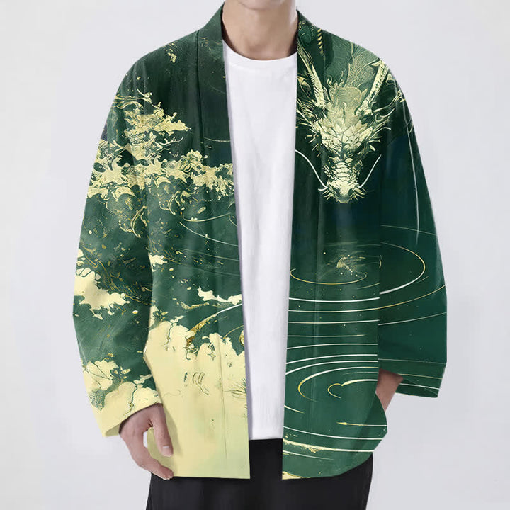 Buddha Stones Kimono de algodón con estampado de dragón dorado, nubes y olas, con frente abierto para hombre. - Verde oscuro - US/UK/AU48, UE58 (4XL) - image 6