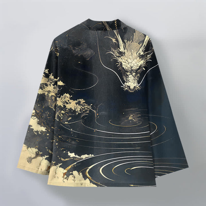 Buddha Stones Kimono de algodón con estampado de dragón dorado, nubes y olas, con frente abierto para hombre. - image 11