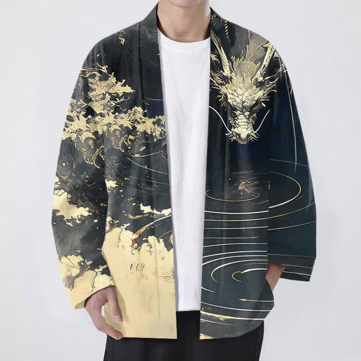 Buddha Stones Kimono de algodón con estampado de dragón dorado, nubes y olas, con frente abierto para hombre. - Negro - US/UK/AU48, UE58 (4XL) - image 9