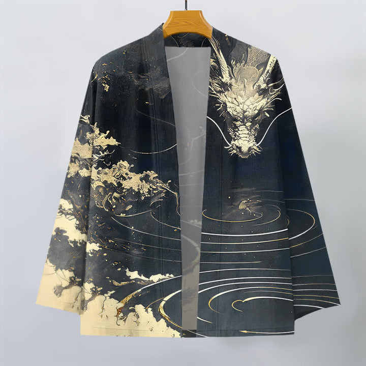 Buddha Stones Kimono de algodón con estampado de dragón dorado, nubes y olas, con frente abierto para hombre. - image 10