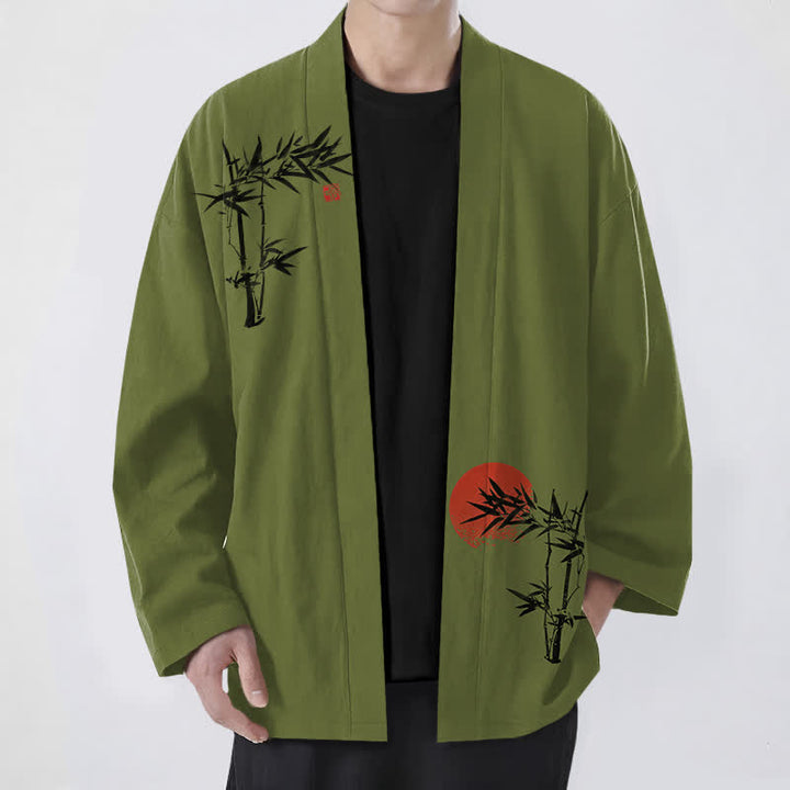 Buddha Stones Kimono de hombre de algodón con estampado de sol rojo y parte delantera abierta, de bambú rojo. - Verde oliva - US/UK/AU48, UE58 (4XL) - image 0