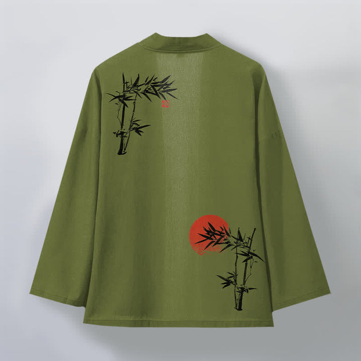 Buddha Stones Kimono de hombre de algodón con estampado de sol rojo y parte delantera abierta, de bambú rojo. - image 2