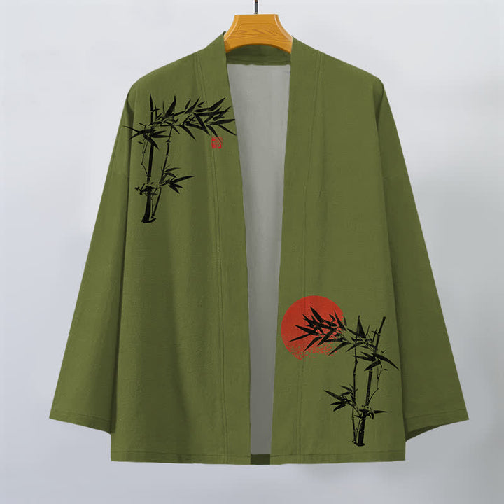 Buddha Stones Kimono de hombre de algodón con estampado de sol rojo y parte delantera abierta, de bambú rojo. - image 1