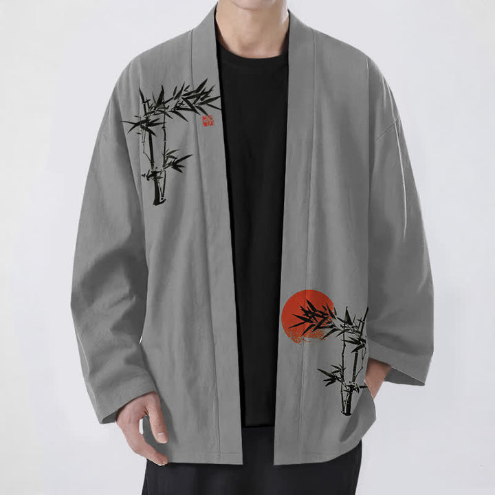 Buddha Stones Kimono de hombre de algodón con estampado de sol rojo y parte delantera abierta, de bambú rojo. - Gris oscuro - US/UK/AU48, UE58 (4XL) - image 6