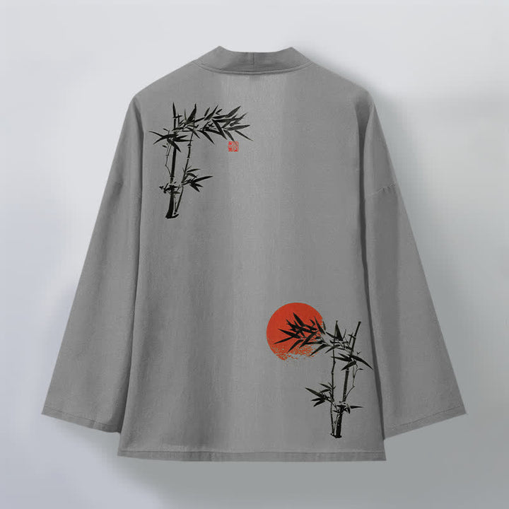 Buddha Stones Kimono de hombre de algodón con estampado de sol rojo y parte delantera abierta, de bambú rojo. - image 8