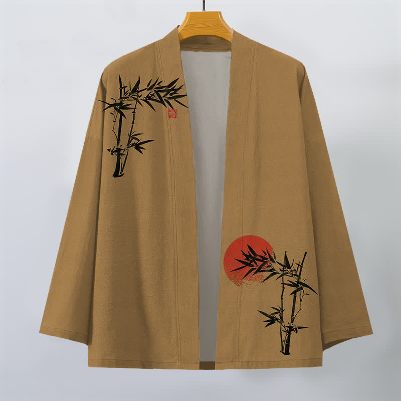 Buddha Stones Kimono de hombre de algodón con estampado de sol rojo y parte delantera abierta, de bambú rojo. - image 10